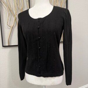 ANN TAYLOR Black Beaded Button-front Cardigan